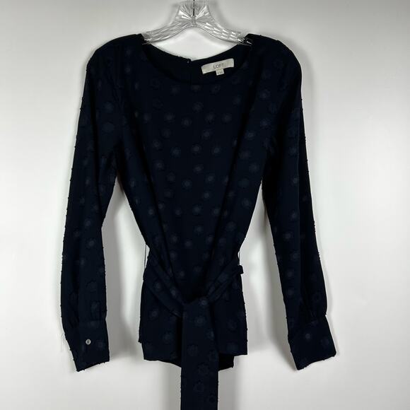 Loft Floral Swiss Dot Tie Blouse Light Weight Navy Blue Womens Size Small - Picture 11 of 11